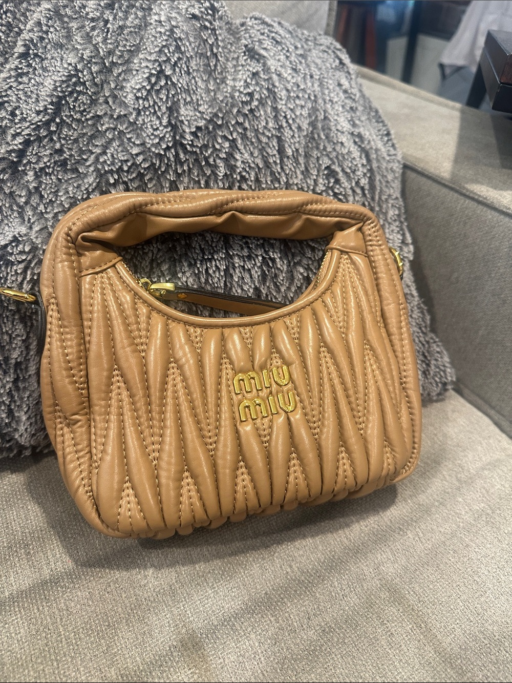 Tan Quilted Shoulder Bag with Gold Hardware